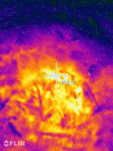 Zdjęcie z kamery termowizyjnej pokazującej zagrzaną pryzmę kompostową ze zrębki i tzw "kurzeńca". Do zdjęcia odgarnięta była jedynie wierzchnia warstwa, zdjęci wykonano zimą.